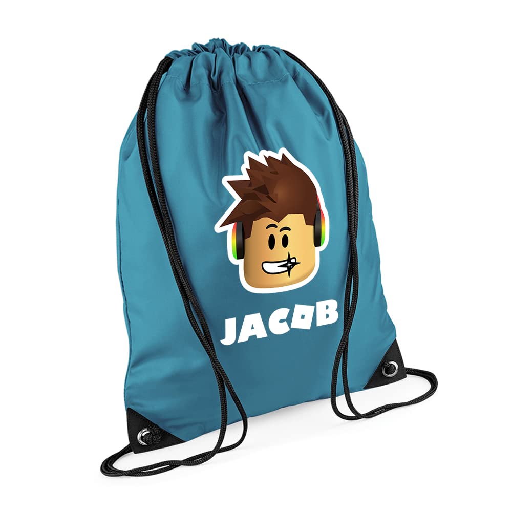 Cartoon Character Bag For Kid, Personalised Backpack, Ro blox Face, Gift For Kids, Boy, Gift For Brithday Drawstring Bag, PE Gym Kit Swimming, Sport Rucksack. (Ocean Blue)