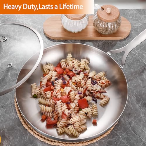 DELARLO 30.5 cm Three Layer Full Body Stainless Steel Pan With Lid, Oven Safe Frying Pan - Image 2