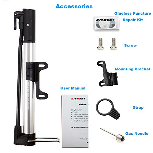 Kitbest Bike Pump, Aluminum Alloy Portable Bike Floor Pump, Mountain, Road, Hybrid & BMX Bike Tire Pump, Floor Bicycle Air Pump Compatible with Presta & Schrader Valve & Sports Ball (Silver)