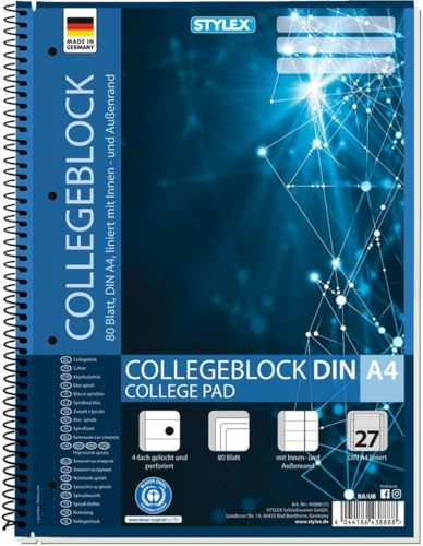 Stylex 43888-P6 - Collegeblock liniert, 6 Stück in DIN A4, je 80 Blatt mit 60 g/m² mit Spiralbindung