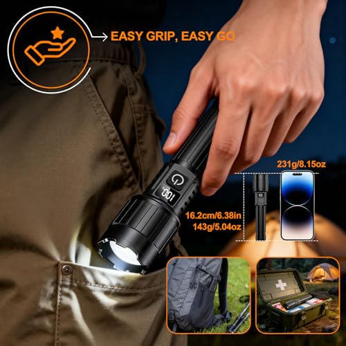 Relybo LED Flashlight Rechargeable 20000 High Lumens, Long Range & 12H Runtime | Super Bright Flashlights USB C, Stepless Dimming with LCD Display High Powerd Flash Light for Home Camping Emergency — view 5