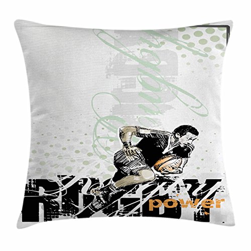 Lunarable Sports Throw Pillow Cushion Cover, Sketchy Rugby Player with a Ball Running Power Muscular Strength Challenge, Decorative Square Accent Pillow Case, 40