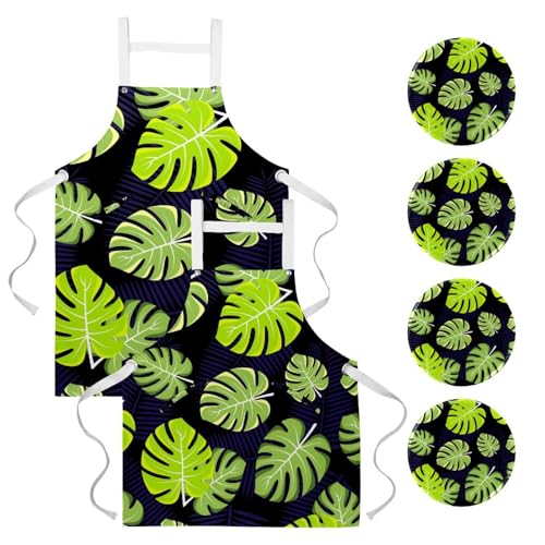 Tablier de cuisine multicolore à motif feuille tropicale pour le travail
