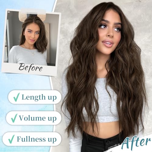 Image of Wavy Thick Clip in Hair Extensions 20 inch Dark Chocolate Brown | 4 Pieces Clip in Extensions,Fiber Double Weft Hairpieces,Natural Volume,Beach Wave Long Synthetic Hairpieces for Women