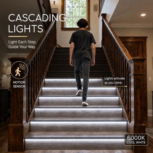 Image of 20-Step Intelligent Motion Sensor Stair Lights Kit, 47.2-Inch Cuttable COB LED Strip Lights for Indoor Stairs, PIR Smart Staircase Lighting with Daylight Sensor, Cool White (6000k)