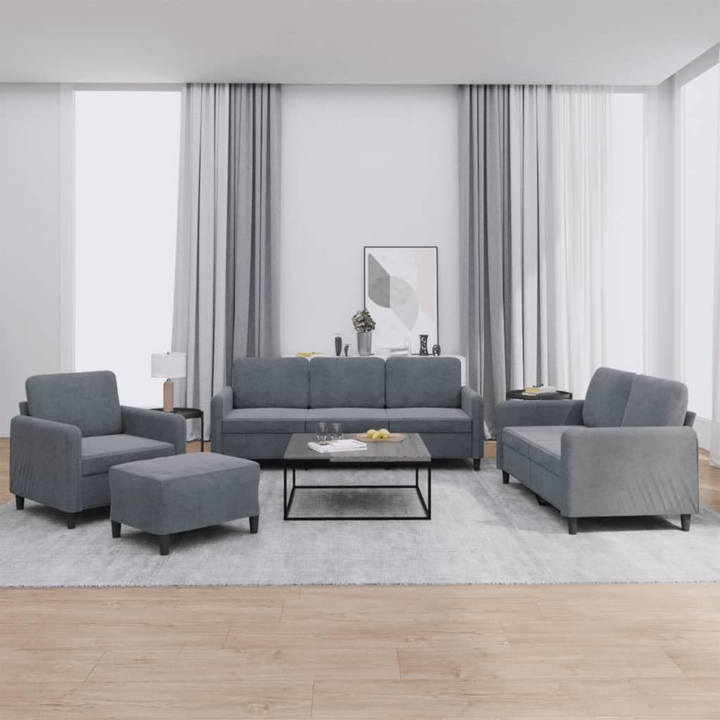 Juego de 4 sofás de terciopelo gris oscuro, 198 cm, moderno juego de sofá con sillón de 2 plazas, 3 plazas y taburete, estructura de metal resistente para salón, oficina y estudio