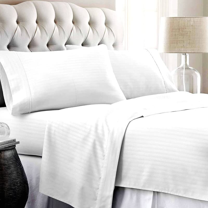 RK LINEN Natural Egyptian Cotton 500 TC 3 Piece Breathable Ultra Comfortable Hotel Bedsheet Set | Sateen Weave 1 Fitted (Up to 12" Deep) 2 Pillow Sheet Set (6 by 6 / Double, White Stripe) (B0BVK5HGM2) Amazon Price History, Amazon Price Tracker