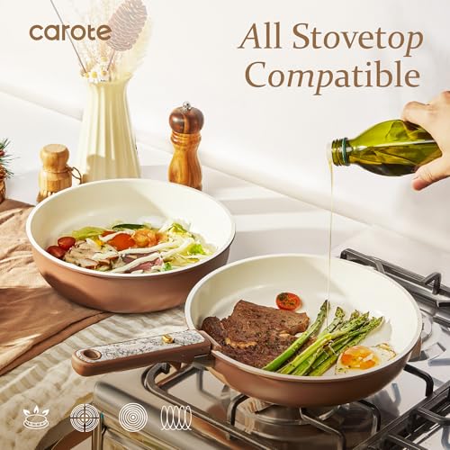 Image of CAROTE 25-Piece Ceramic Cookware Set, Nonstick Pots and Pans Set with Detachable Handle, Non-Toxic Kitchen Cooking Set, Dishwasher & Oven Safe, Induction Compatible, PFAS Free, Chocolate