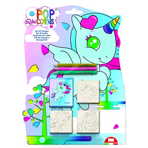 Multiprint Blister Sellos para Niños Sagomati Pop Unicorns, 100% Made in Italy, Sellos Personalizados para Niños, en Madera y Caucho Natural, Tinta Lavable no Tóxica, Idea de Regalo, Art.11978