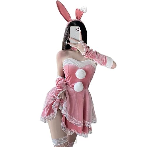 Temptshow Female Cosplay Bunny Bodysuit Japanese Anime Velvet Babydoll Sexy Lingerie - Pink