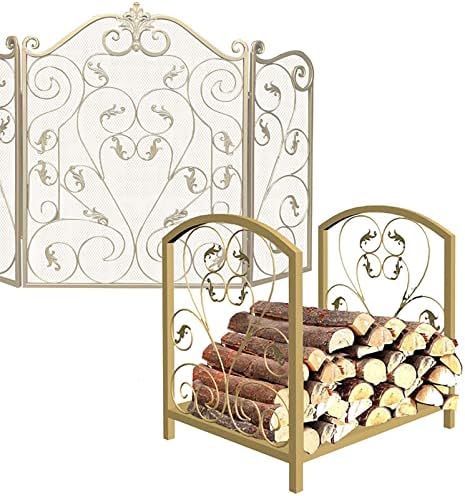 Heavy Duty Scroll Firewood Rack Stand - 17.7" Wrought Iron Log Holder for Indoor/Outdoor Wood Storage - Durable Wood Stacker Shelf for Fireplace & Patio Use