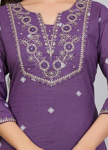 Image of Amayra Women's Pure Cotton Embroidered Straight Kurta Set with Palazzo Pants & Dupatta- Ethnic Wear