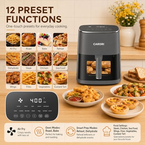 Image of CARORI 6 Qt Air Fryer with Viewing Window, 12 Presets, 1700W, 400F Max, Large Nonstick Dishwasher-Safe Basket, Bake, Roast, Reheat, Dehydrate, Gray