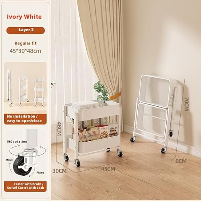 Home Folding Wrought Iron Universal Wheel Small cart Floor Storage Rack, Snack Storage, Reading Backpack Rack (Free Installation) (Ivory White 2 Layers)-xUYzwAET