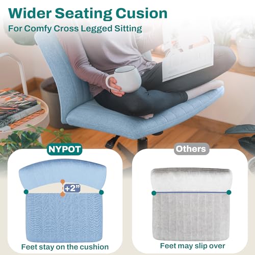 NYPOT Criss Cross Office Chair- Cross Legged Office Chair, Wide Armless Desk Chair No Wheels, Adjustable Modern Swivel Vanity, Fabric Padded Rocking Ergonomic Mid Back Computer - Blue