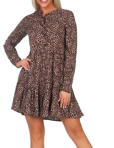 Hailys Damen Viskose Langarm-Kleid La44ura Minikleid mit Leopard-Print SN-PO2301016 Leo S