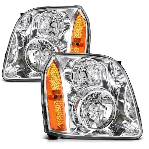 KILOAUTO Headlights Assembly Pair Fit For 2007-2014 For GMC Yukon 2007-2014 For GMC Yukon XL 1500 2007-2013 For GMC Yukon XL 2500 Chrome Housing Amber Reflector Clear Lens Replace 15861025 15861026