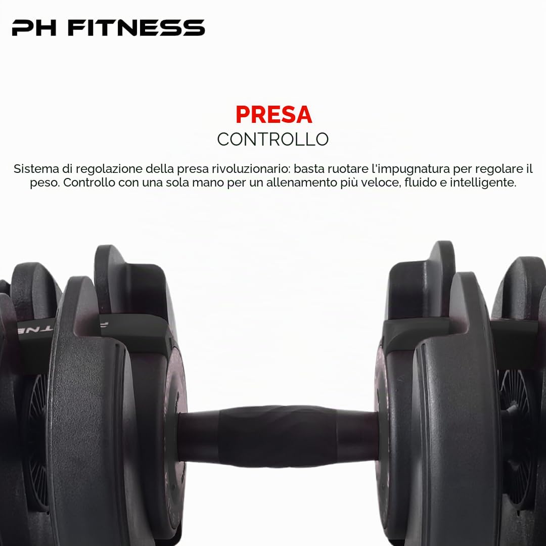 PH Fitness Manubri Regolabili Premium 24kg – 15 in 1 con Regolazione Rapida a Una Mano – Set Compatto per Palestra in Casa – 2,5-24 kg – Attrezzo Salvaspazio
