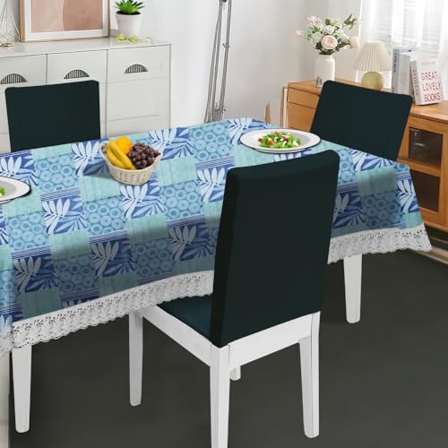 Image of The Furnishing Tree Waterproof PVC Rectangle Shaped 4 Seater Table Cover WxL 54x78 inches Surface Pattern Blue with White Border lace