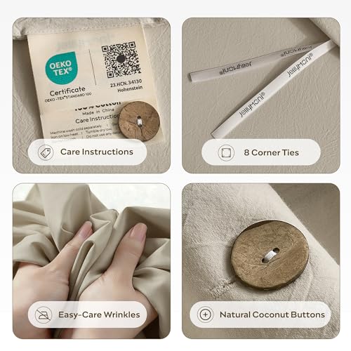 Image of JELLYMONI Washed Cotton Duvet Cover Queen, 3-Piece Oatmeal Bedding Set | 100% Washed Cotton, Linen-Look Texture, Oeko-Tex Certified, 8 Corner Ties & Button, Multi-Scene Use