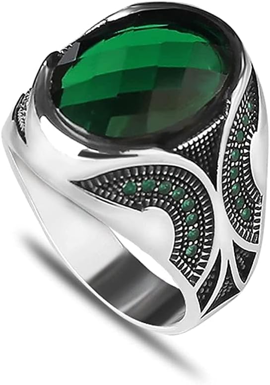925 Sterling Silver Men Silver Ring with Emerald GemStone, Handmade Engraved Silver Ring, Gift for him, Minimalist Silver Ring