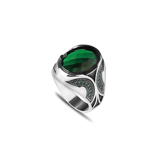 925 Sterling Silver Men Silver Ring with Emerald GemStone, Handmade Engraved Silver Ring, Gift for him, Minimalist Silver Ring (8)