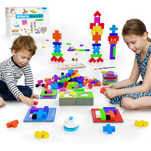 Image of 4-in-1 Family Board Games, 120 Pcs Wooden Multi-Level Montessori Toy Fast 3D Shape Pattern Matching Puzzle Stacking Building Blocks Fun Game for Kids Adults Family Night /Party, 1-6 Players Ages 4+