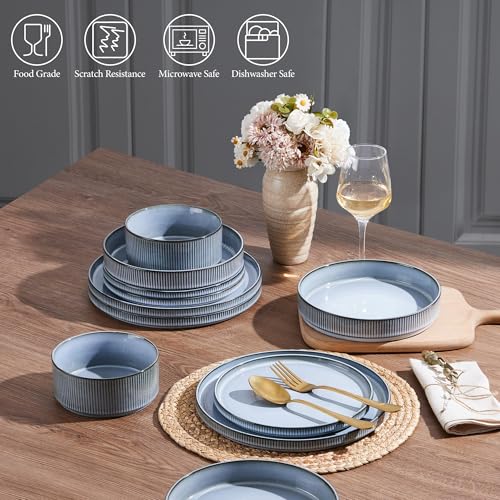 Image of E-far 16 Piece Dinnerware Sets, Plates and Bowls with Pasta Bowls Service for 4, Modern Stoneware Ribbed Dishes for Kitchen Dining, Microwave & Dishwasher Safe, Dusty Blue
