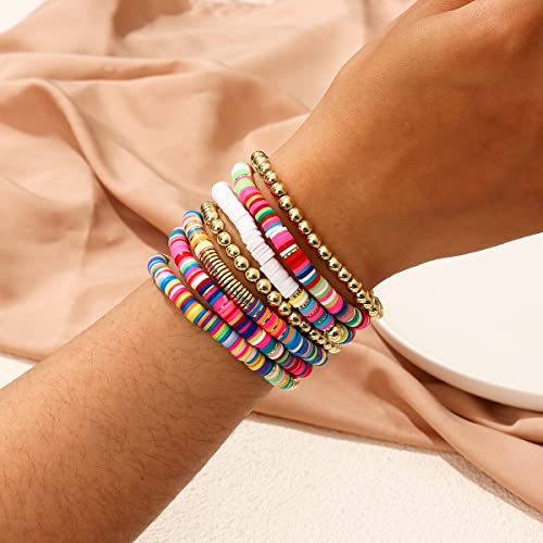Dimishin Heishi Bracelet For Women Clay Bead Bracelet Stackable Beaded Stretch Bracelet Elastic Layered Colorful Beaded Bracelet Set (Colorful 7Pc) #TOP1