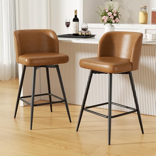 Image of Swivel Bar Stools Set of 3, 26 inch Counter Height Bar Stools with High Back and Metal Legs, Faux Leather Bar Chairs, Modern Barstools for Kitchen Island, Caramel