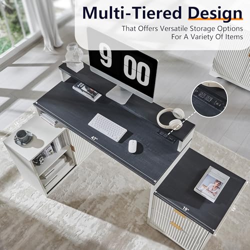 Image of 67 inchFluted Desk with Cabinet & 2 Drawers, Modern Office Desk Built‑in Outlet | Wood Home Office Desk, storage cabinet with sliding doors, Fluted Computer Writing Desk, Antique White
