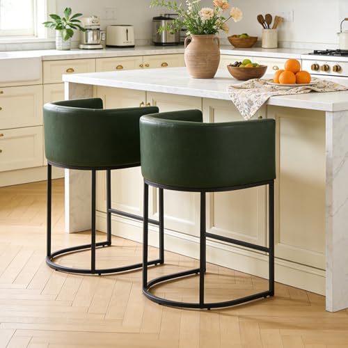 Image of 26 inch Counter Height Bar Stools Set of 3, Faux Leather Upholstered Barrel Chairs with Back and Arms, Metal Frame Kitchen Island Stools with Footrest, Forest Green
