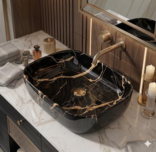Image of Designer Ceramic Wash Basin For Bathroom | Over Counter Bathroom Basin | Counter Top Bathroom Sink | Wash Basin For Restaurant, Hotel (18 x13 x 5 Inch) (Black Gold Jelly)