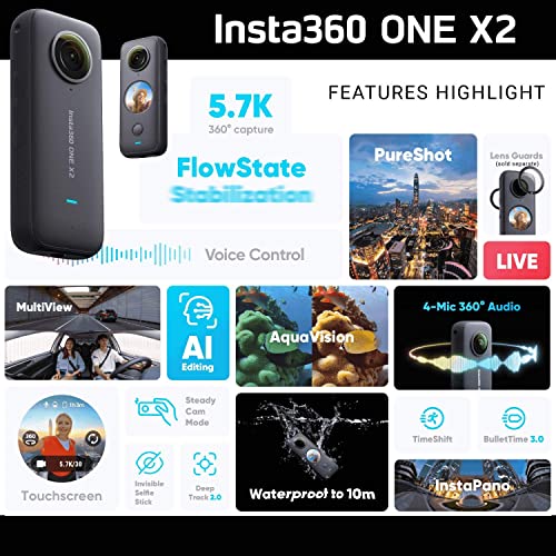 insta360 Câmera One X2 360 com tela sensível ao toque – Vídeo 5.7K30 360, modo de câmera frontal est
