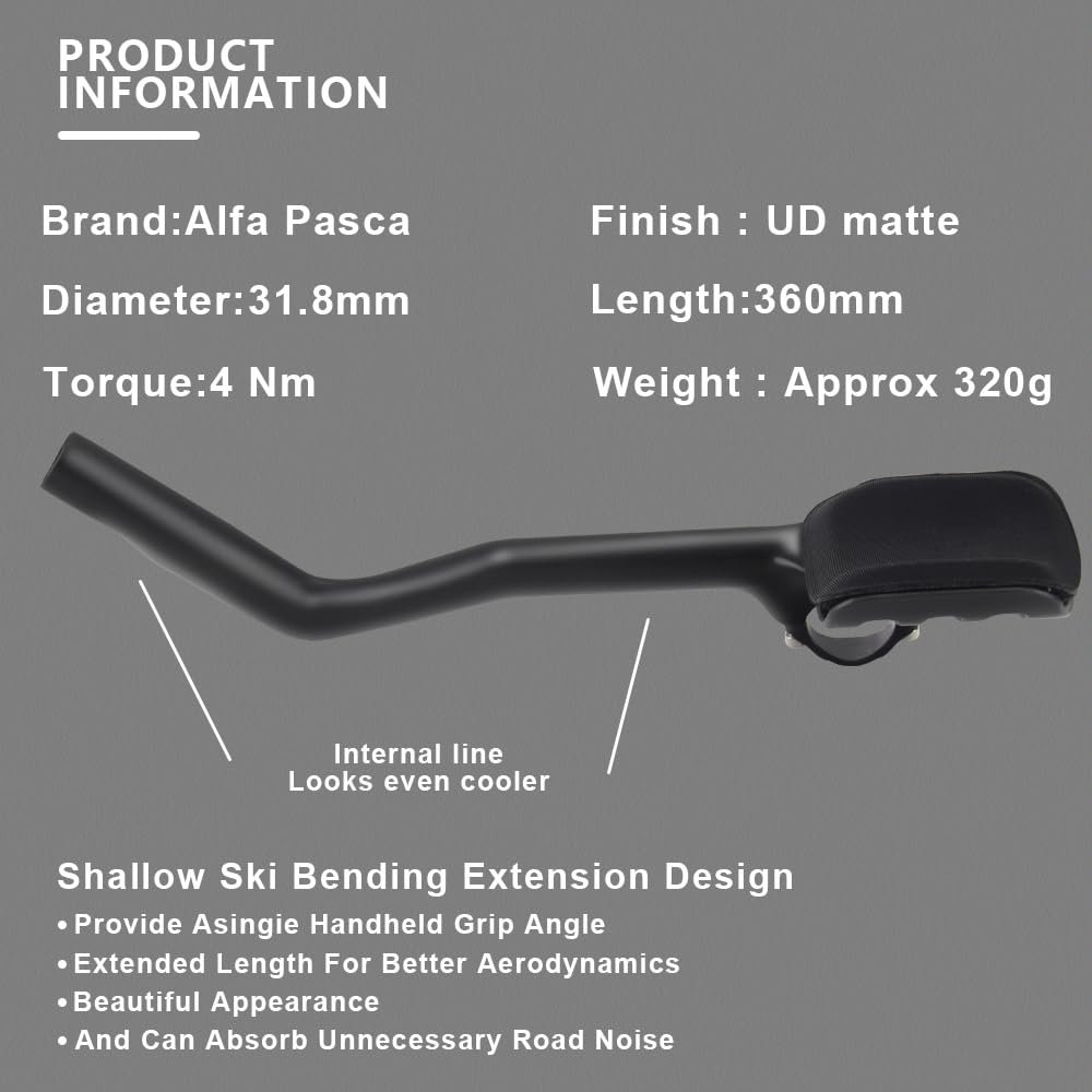 Alfa Pasca Accesorio de manillar de triatlón de carbono para bicicleta de carretera, extensión de bicicleta de triatlón, 360 mm, manillar aero, carbono, 40° TT Bar Extender