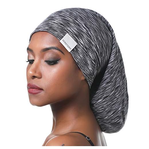 SENGTERM Gorro de dormir ajustable forro de seda forrado de satén para mujer grande rizos pelo disponible día y noche, Gris Raya XL, L/XL