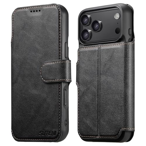 Étui en cuir iPhone 16 Pro Max noir au design clapet magnétique raffiné
