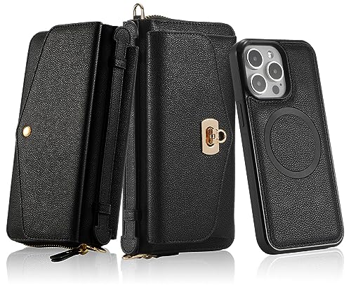 LITOU Compatible for iPhone 14 Pro Max Phone Case Wallet for Women Detachable Magnetic Phone Case Support Wireless Charging,RFID Blocking Card Holder,Crossbody Strap Wristlet Case.Black