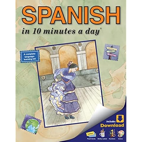 SPANISH in 10 minutes a day: Language course for beginning and advanced study. Includes Workbook, Flash Cards, Sticky Labels, Menu Guide, Software, ... Grammar. Bilingual Books, Inc. (Publisher) Cover