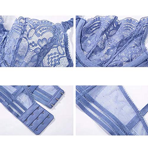 Women's Lace Balconette Bra Underwire Non-Padded Soft Cup Comfort Everyday Bras(Blue,34D) #TOP4