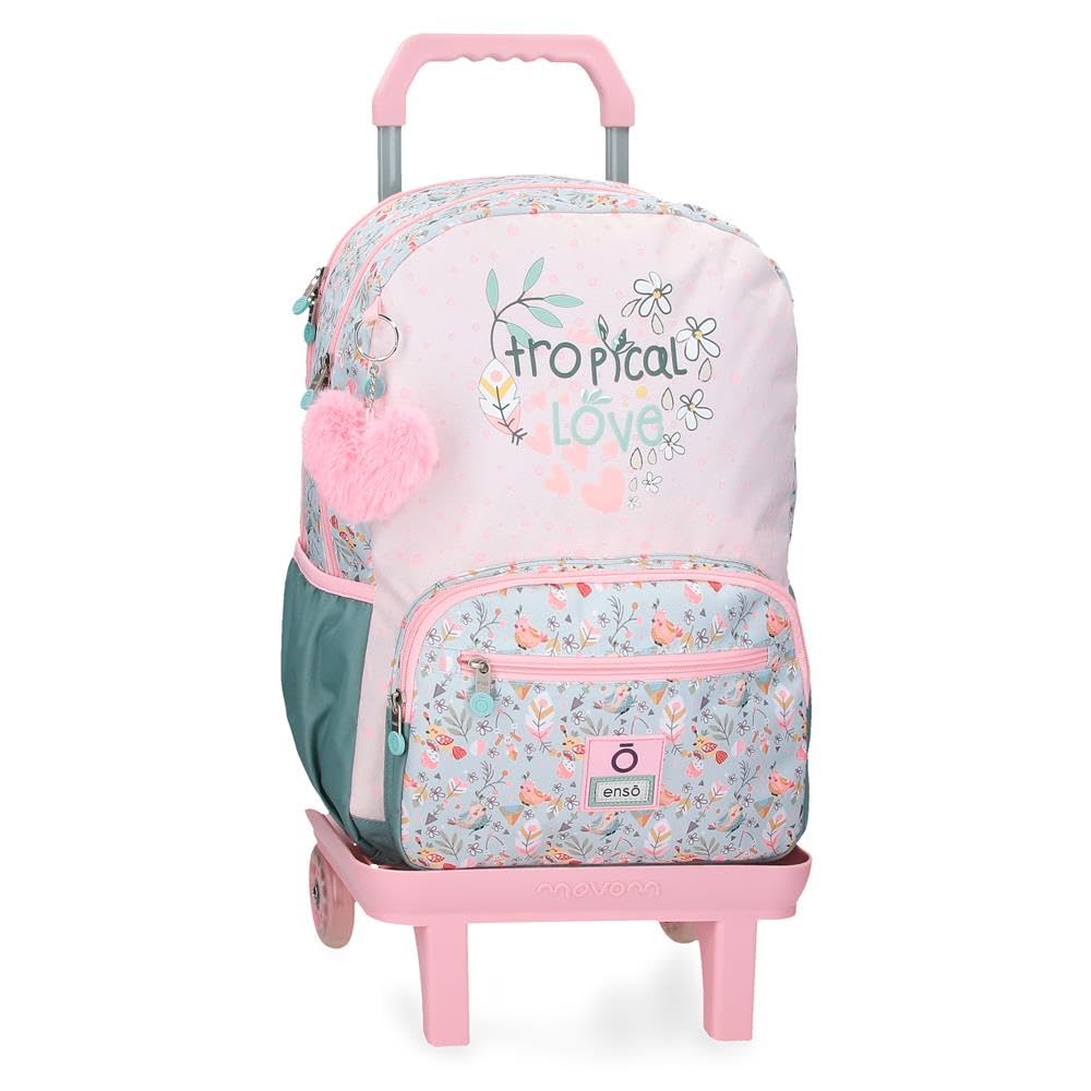 Enso Tropical love mochila escolar, mochilas infantiles, Espalda reforzada con tirantes anchos, ergonómico, fabricada en Poliéster, Incluye pompón decorativo, varios compartimentos