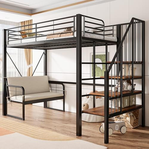 YuQozii Litera (90 x 200) con marco de metal resistente, cama alta con sofá acolchado extraíble, espacio de almacenamiento y escalera de seguridad. Adecuado para niños, adolescentes y adultos (negro)