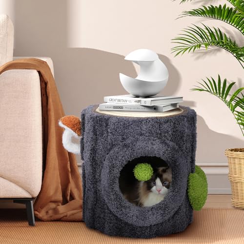 KAMABOKO Cat House for Indoors Cats, Luxury Cat House Bed with Scratch Table ? Soft Cushion, Cat Condo with Hanging Ball Toy for Small Medium Pets, Grey