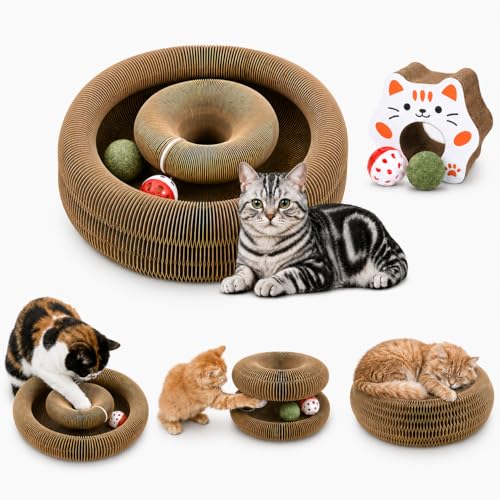 DAWNIGO Upgraded Extra Large Foldable Cat Scratcher Reversible Accordion Cat Toy with Bell Ball & Catnip Ball Durable Cardboard Scratching Board for Indoor Cats & Furniture Protector