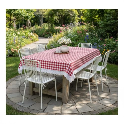 Image of Amazon Brand - Umi Cotton Tablecloth Pack of 2, 4-6 Seater Dining Table Cover, Red and White Gingham Check Rectangular Table Linen with Lace Trim 4 Corners, Classic Picnic Farmhouse Washable Set