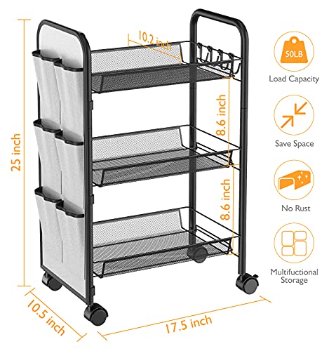 Utility Cart, YASONIC 3-Tier Rolling Cart with Storage Bag, Multifunction Metal Mesh Wire Organizer Trolley with 2 Lockable Wheels for Office Kitchen Bedroom Bathroom (Black) - Thumbnail 6