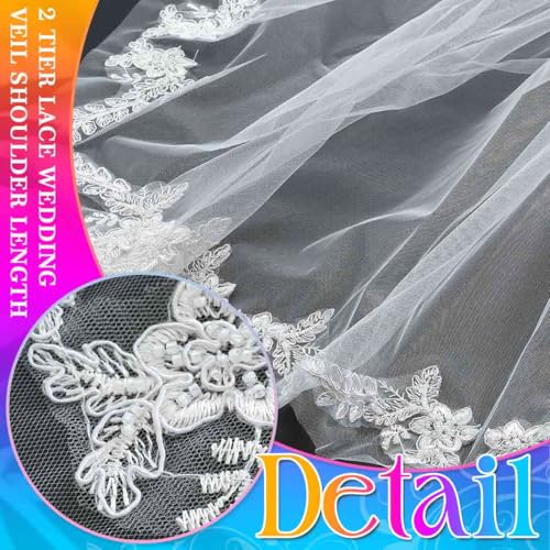 Unsutuo Lace Wedding Veil Short Bridal Veils Shoulder Length Flower Veil Lace Trim with Comb for Women and Girls (White)