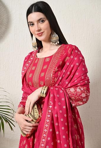 Image of Amazon Brand - Tavasya Women Rayon Straight Kurta Pant Dupatta Set | Embroidered Ethnic Suit Set | Regular Fit Kurta with Pant & Dupatta