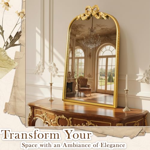 Image of Vercraft Gold Bow Mirror 27 inchx19 inch Vintage Arched Vanity Wall Decorative Mirror with Metal Frame Antique Baroque Bow Decor for Home Dressing Table Entryway Bathroom Hallway Living Room