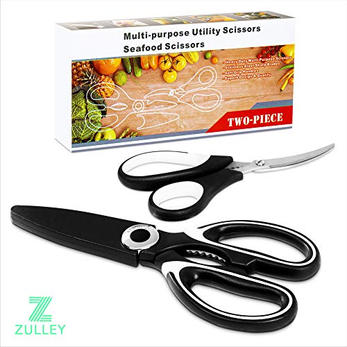 Zulley Stainless Steel Multi Function Heavy Duty Kitchen Poultry, Chicken, Meat, Food, Vegetables, Sharp Utility Shear with Seafood Scissor, Set of 2